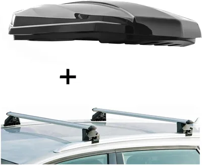 Produktbild von DACHBOX STRIKE 440 Liter schwarz hochglanz + Relingträger CRV107A kompatibel mit für Seat Leon III SW 5 Türer ab 2014