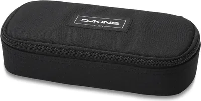 A black pencil case with a zipper and a logo on top.