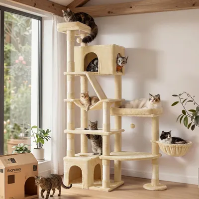 Produktbild von FEANDREA Kratzbaum für Große Katzen, Stabil mit 6 Ruhebereichen und Sisalstämmen, 105 x 45 x 188 cm, Beige