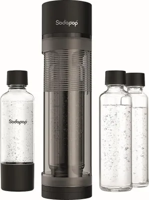 Zdjęcie produktu dla Bęben na wodę SODAPOP Logan czarny matowy, 1x 850ml + 1x 600ml szklany + 1x 850ml PET, BEZ butli CO²
