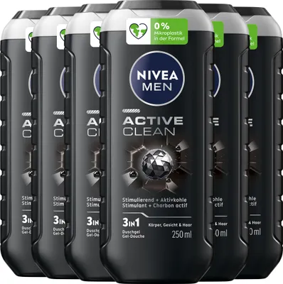 Produktbild von NIVEA MEN Pflegedusche Active Clean Duschgel Aktivkohle 3in1 Haut Haar 6 x 250ml