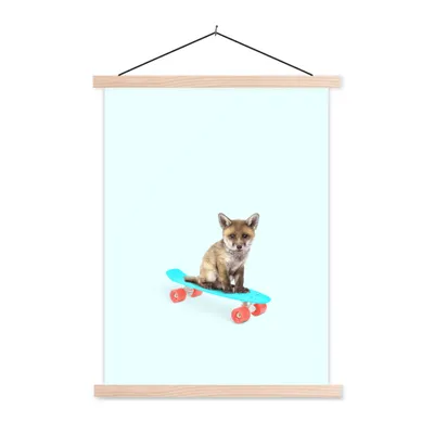 Produktbild von MuchoWow® Textilposter Fuchs - Tiere - Skateboard - Blau 120x160 cm mit holzfarbenen Rahmen - Plakatkarton