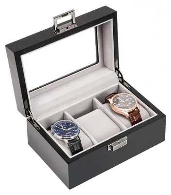 Produktbild von Uhrenbox mit 3 Fächern, hölzerner Uhrenkasten mit Glasdeckel, Uhrenkissen, Aufbewahrung für Herren, Schwarz