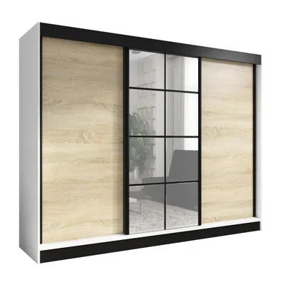 Produktbild von Oravelle 200 cm Weiß / Sonoma 2, 3-türiger Kleiderschrank mit Spiegel, 4 Schubladen und Kleiderstangen – Funktionalität und Eleganz!