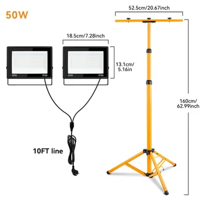 Produktbild von LED-Arbeitsleuchte - Tragbarer Baustrahler mit Stativ - 2 x 50 W - IP66 - Für Außenbereiche - Aluminium - 220 V