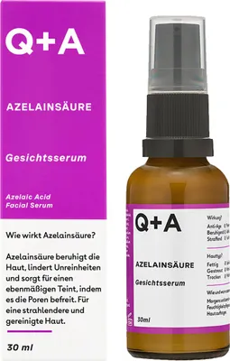 A product shot of a Q+A Azelainsäure Gesichtsserum bottle and its packaging.