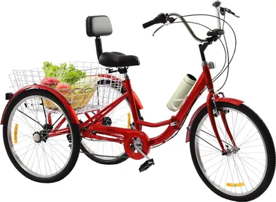 Zdjęcie produktu dla 24-calowy rower trójkołowy dla dorosłych z koszykiem, rower trójkołowy dla dorosłych 3-kołowy rower trójkołowy z oparciem i uchwytem na kubek