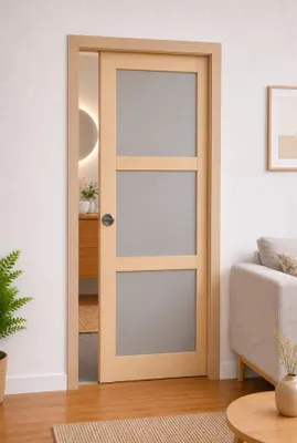 Image de Porte Coulissante Ayous 3 Panneaux Gris RAL 7035 H204 x L73 + Systeme a Galandage et kit finition inclus (serrure)
