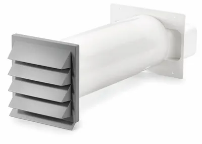 A white ventilation vent with gray louvers attached to a white tube, set against a white background.