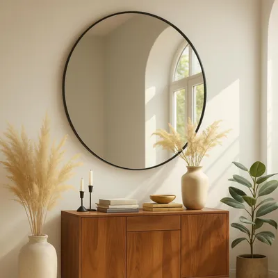 A round black mirror hangs above a wooden cabinet, reflecting a window and interior decor.