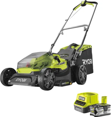 A Ryobi electric lawnmower and its battery charger are displayed against a white background.