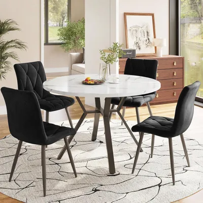 Productafbeelding van Essgroep: Ronde eettafel met 4 fluwele stoelen, marmerlook, 100x100x75 cm, zwart