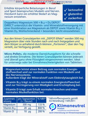 Produktbild von Doppelherz | Aktiv Magnesium 500 + B12 + D3 Direct Depot | 20 Portionen