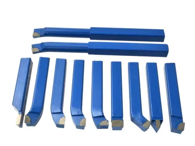 A set of 11 blue metal lathe tools with silver cutting edges, arranged on a white background.