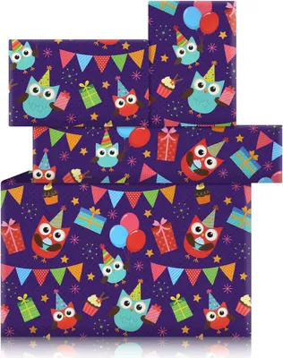 Obrázek produktu pro Dárkový balicí papír pro děti 4 listy roztomilé sovy narozeninová párty s dárkovým bannerem dort party vzor 75x52cm pro dětské sprchy Vánoce chlapci dívky balení dárků