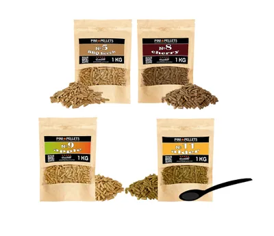 Immagine prodotto di PINI Set di pellet in legno naturale, 4 x 1 kg, per affumicatore a scelta tra 4 varietà – pellet di faggio n. 5, pellet di ciliegia n. 8, pellet di m
