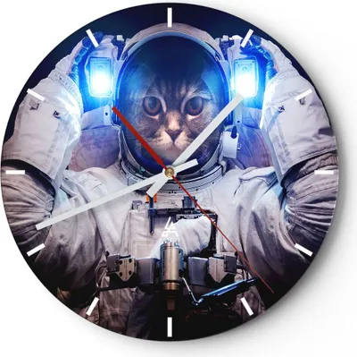 Produktbild von Wanduhr - Rund - Glasuhr - Kosmonaut Katze - 40x40cm - Schleichendes Uhrwerk - Lautlos - zum Aufhängen bereit - Dekoration Modern - Wanddekoration aus Glas - C3AR40x40-3734