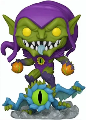 A Funko Pop! vinyl figure of the Green Goblin from Marvel Mech Strike, standing on a blue, eye-themed creature.