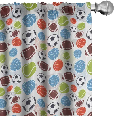 Produktbild von ABAKUHAUS Sport Vorhänge, Gardinen, Sport-Ball-Muster-abstraktes Basketball-Fußball-Volleyball-Tennis-bunte Elemente, 2 Stück 75 x 245 cm, Mehrfarbig
