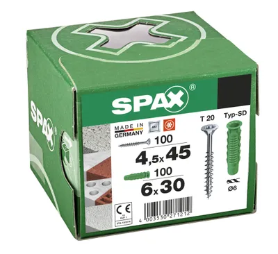 Obrázek produktu pro SPAX typ SD 6 x 30 mm + univerzální šroub SPAX, 4,5 x 45 mm, zapuštěná hlava, částečný závit, T-STAR plus T20, WIROX, 100 + 100 kusů – 5000001200015