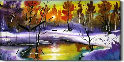 Produktbild von Wandbild Leinwand Bilder Wanduhr 60x30 Bild See im Wald Aquarell Landschaft - schwarze Hände