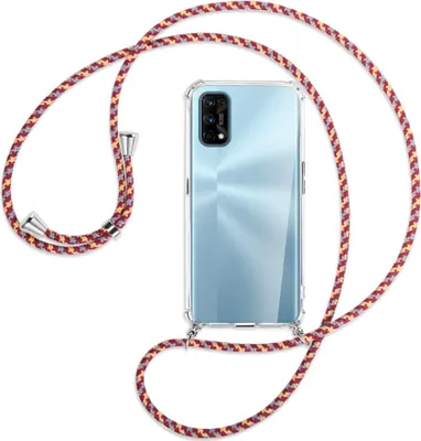 Produktbild von Handykette Backcover-Schutzhülle mit Band (Metall silberfarben) für Realme 7 Pro - weinrot/gelb/grau