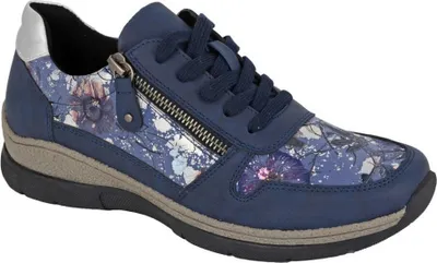 A single blue sneaker with a floral pattern is shown against a white background.