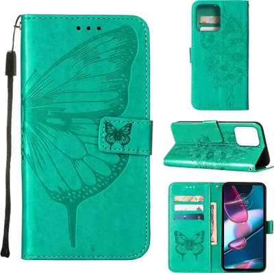 Produktbild von Lederhülle für Motorola Edge+ (2023) Schmetterling Prägung Flip Ledertasche Kartenfächer Handyhülle mit Ständer Grün