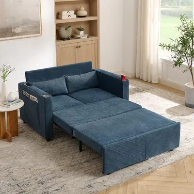 Productafbeelding van MODFU Uittrekbare slaapbank met 2 zitplaatsen, verschuifbaar, USB-oplaadpoort, beklede bank, relaxatiefunctie, geschikt voor kleine appartementen, donkerblauw