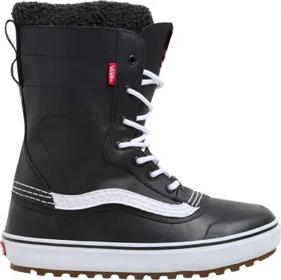 A black Vans boot with white laces and a white stripe on a white background.