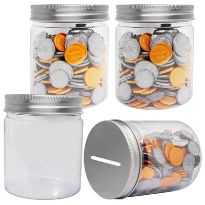 Zdjęcie produktu dla Zestaw czterech skarbonek w kształcie świni - przezroczyste skarbonki - skarbonki dla dzieci - mało plastiku - przezroczyste - z podziałem na dwie części