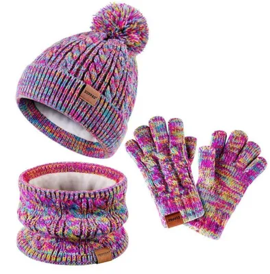 Obrázok produktu pre Sada čiapky, šály a rukavíc pre deti: čiapka typu "beanie" s pompom, s fleecovou podšívkou, vhodná pre deti vo veku 9-15 rokov, farebná kombinácia