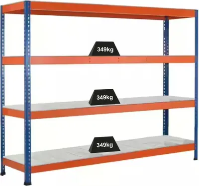 Produktbild von Schulte Weitspannregal mit Stahlpaneelen Z1 | HxBxT 243,8x245x62cm | 4 Ebenen | Fachlast 349kg | Blau/Orange/Verzinkt