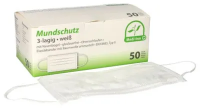 Produktbild von 50 Medi-Inn® Mundschutz Type II, 3-lagig 9 cm x 17,5 cm weiss mit Nasenbügel