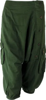 Produktbild von 3/4 Uni Haremshose - Pumphose - Sarouel mit Knopfleiste - Yogi Pants - Cargohose - grün S/M