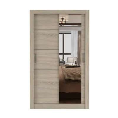 Produktbild von Schwebetürenschrank LION, Schlafzimmer, Kleiderschrank Schrank 120 cm Sonoma Eiche/Sonoma Eiche mit Spiegel, alufarbene PVC-Griffe