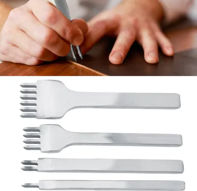 A person's hands are shown using a leather stitching tool on a piece of leather. Below this, four different leather stitching tools are displayed.