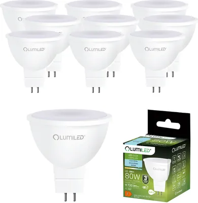 Produktbild von LUMILED GU5.3 LED Lampen Leuchtmittel Spot 10 Stück Set, MR16 8W (entspricht 80W Halogen Glühlampen) 6500K Kaltweiß 12V 720 Lumen 120° Abstrahlwinkel Spots Glühbirnen Halogenleuchte