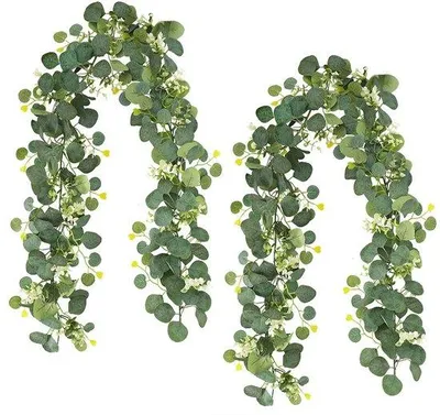 Produktbild von Künstliche Eukalyptus-Girlande 1,8m grün mit weißen Blumen