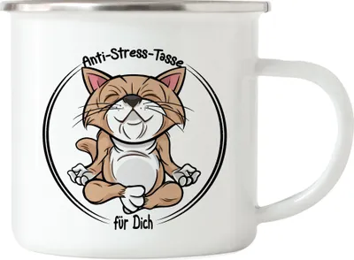 Produktbild von Anti-Stress Emaille Tasse Meditation Lustig Spruch Ironie Katze Geschenk-Idee Bürokollegen Chillen Yoga