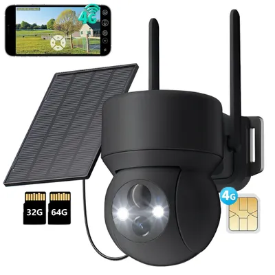 Obrázek produktu pro 4G LTE dohledová kamera Venkovní solární se SIM kartou 2K HD PTZ bezdrátová kamera bez WLAN Venkovní baterie Barevné noční vidění PIR detekce s 32G a 64G