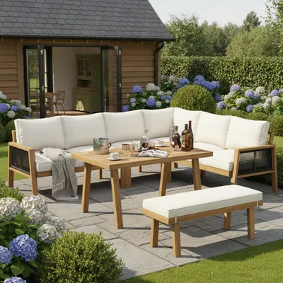 Immagine prodotto di Set da giardino Fliek 6 pezzi con struttura in acacia, set di mobili da giardino per 7-8 persone, divano con pouf e tavolino, color crema 