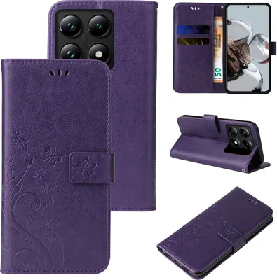 Produktbild von Handyhülle für Xiaomi 14T Floral Blumen Schmetterling Flip Cover Hülle Case Klapphülle Handytasche Farbe: Violett