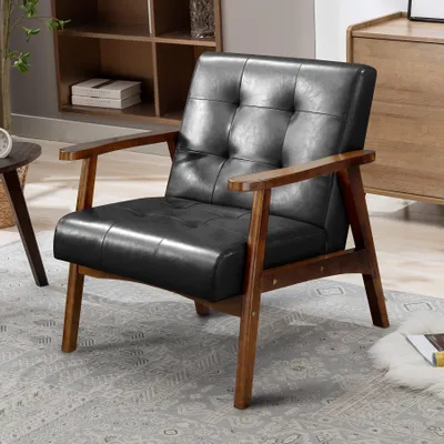 Image de Fauteuil rétro – Similicuir noir – Structure en bois massif – Assise confortable avec dossier haut