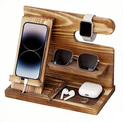 Imagen del producto de Base de carga para teléfono de madera, organizador de mesa de noche, práctico, para múltiples dispositivos