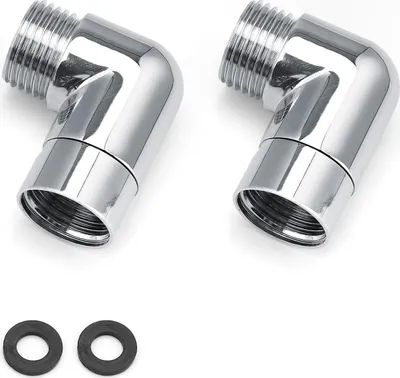 Two chrome-plated 90-degree shower hose adapters and two black rubber washers are displayed against a white background.