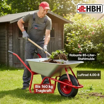 Produktbild von HBH® Schubkarre 85L mit verzinkter Mulde, 2‑teiligem Stahlrahmen, Luftrad 4.00‑8, kugelgelagert, 160 kg Tragkraft, rot