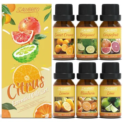 Zdjęcie produktu dla Zestaw olejków eterycznych o cytrusowych aromatach do dyfuzorów: słodka pomarańcza, bergamotka, grejpfrut, cytryna, mandarynka, limonka