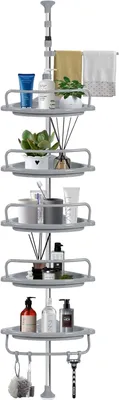 Produktbild von Badezimmerregal, Teleskopregal, Duschregal, höhenverstellbar 100–320 cm, Edelstahl, ohne Bohren, 5 Ablagen, 4 Haken, 1 Handtuchhalter, gri