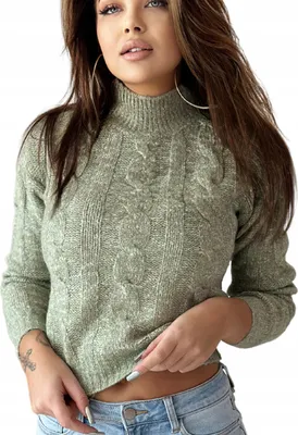 Produktbild von Modischer, warmer Damenpullover, kurz geschnitten, Rollkragen, grün, mit Zöpfen, XL